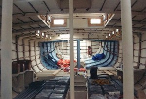 A view from the inside of the boat. You can see the lead weight in the front of the picture. Those are put down in the keel and cemented in.
